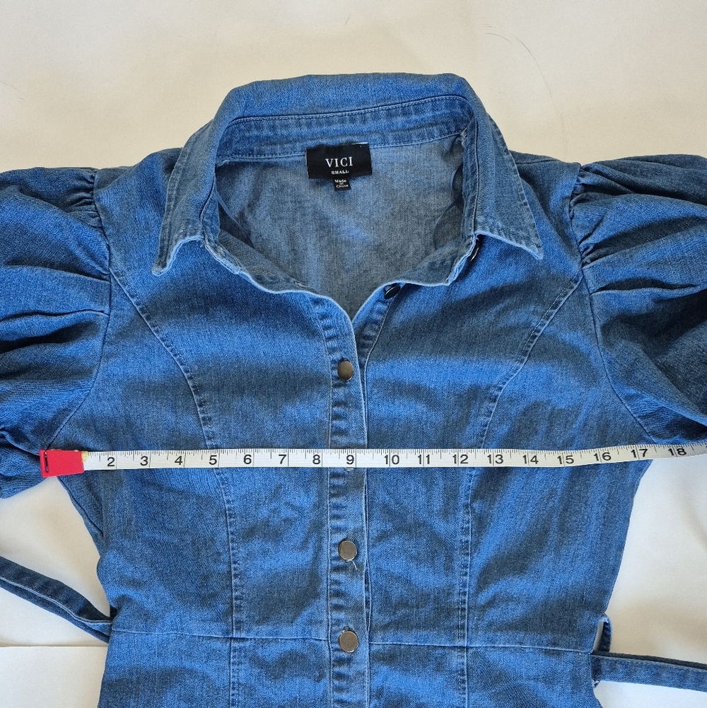 Vici Dress Denim Flirty Ruffle Short Puff Sleeve Mini Size S - Picture 11 of 13